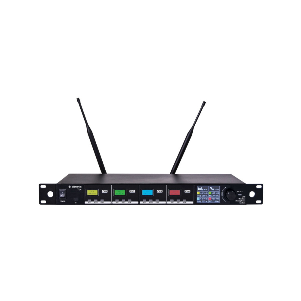 CITRONIC TU4-N Sistema Inalámbrico UHF Sintonizable PLL de 4 Canales con Transmisores de Petaca y Micrófonos de Diadema y Solapa