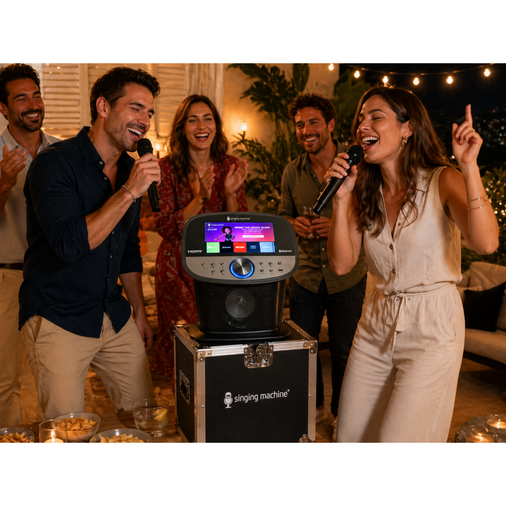 Pack Singing Machine ISM9011 con flight case en uso durante evento de karaoke con 2 micrófonos inalámbricos