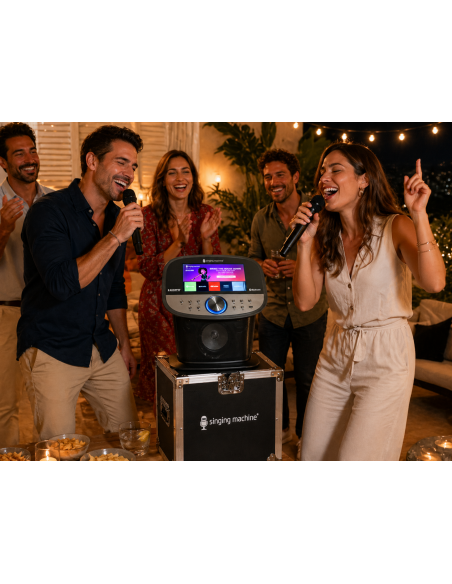 Pack Singing Machine ISM9011 con flight case en uso durante evento de karaoke con 2 micrófonos inalámbricos