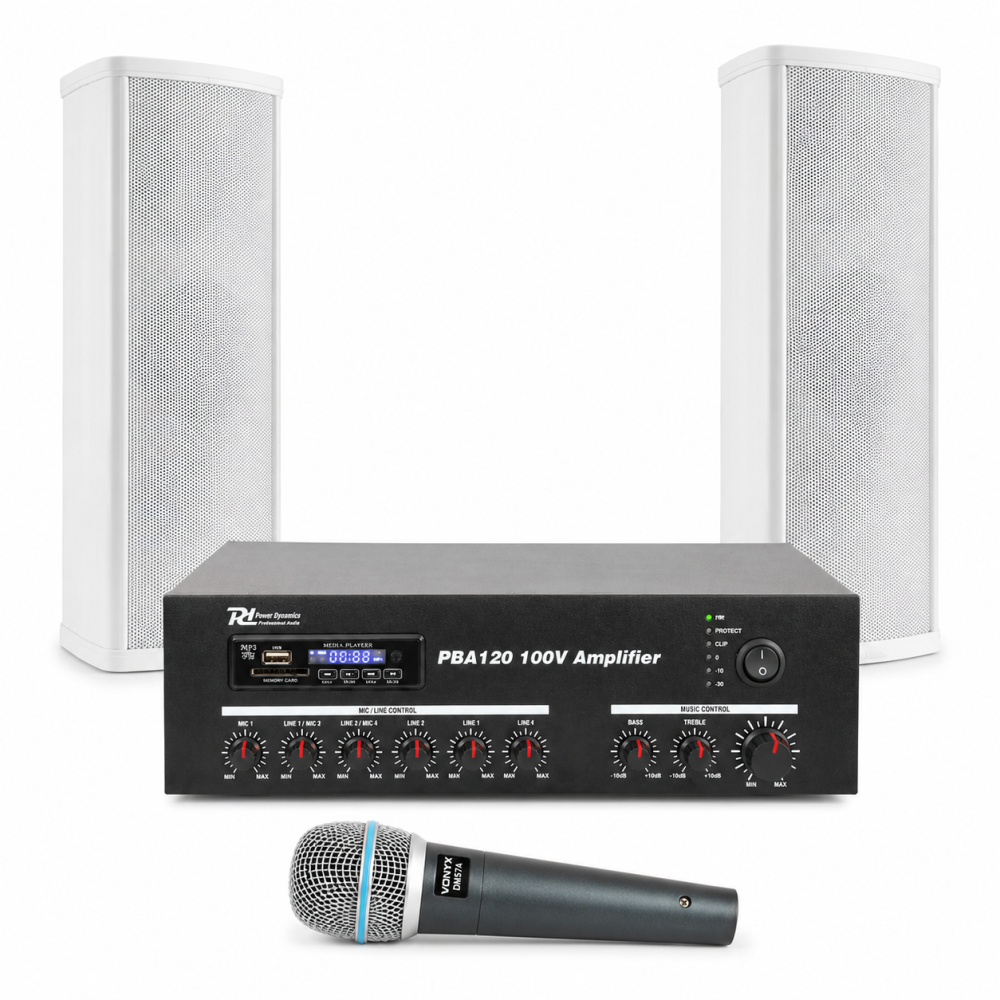 Pack de sonido para capilla PRO 100V con amplificador Power Dynamics PBA120, columnas ICS8 y micrófono Vonyx