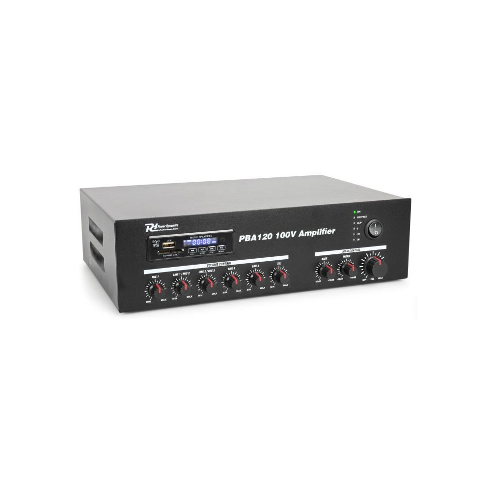 Amplificador Power Dynamics PBA120 de 120W para sistema de sonido 100V en capilla