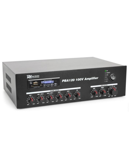 Amplificador Power Dynamics PBA120 de 120W para sistema de sonido 100V en capilla