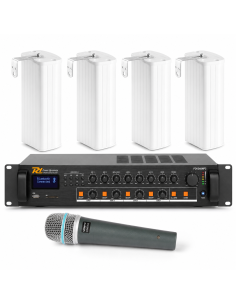 Pack de sonido para iglesia 100V con amplificador Power Dynamics PDV240MP3, cuatro columnas ICS8 y micrófono Vonyx 2