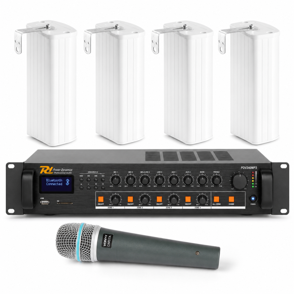 Pack de sonido para iglesia 100V con amplificador Power Dynamics PDV240MP3, cuatro columnas ICS8 y micrófono Vonyx