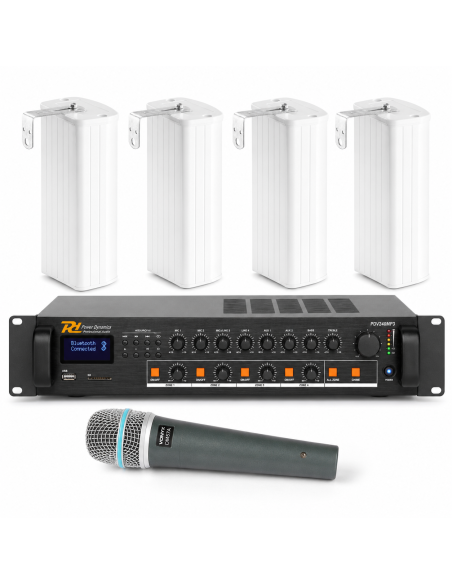 Pack de sonido para iglesia 100V con amplificador Power Dynamics PDV240MP3, cuatro columnas ICS8 y micrófono Vonyx