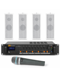 Pack de sonido para iglesia 100V con amplificador Power Dynamics PDV240MP3, cuatro columnas ICS8 y micrófono Vonyx