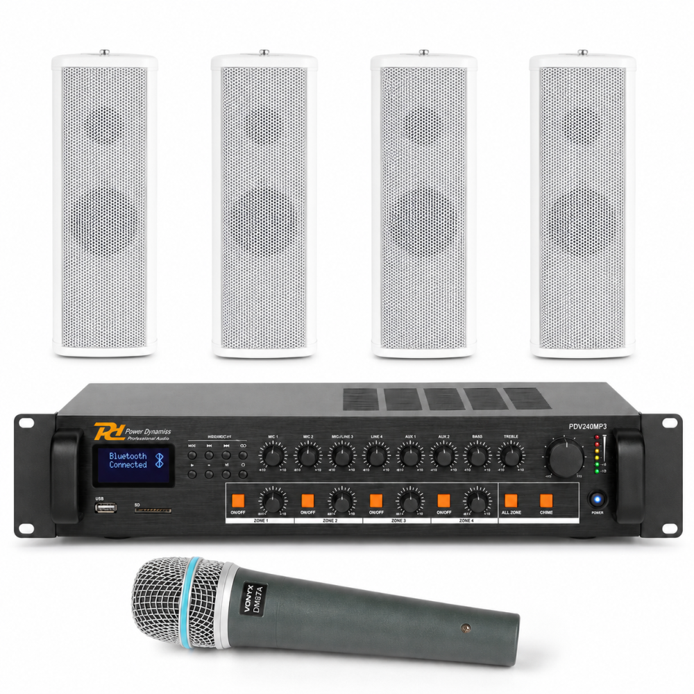 Pack de sonido para iglesia 100V con amplificador Power Dynamics PDV240MP3, cuatro columnas ICS8 y micrófono Vonyx