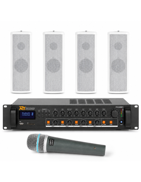 Pack de sonido para iglesia 100V con amplificador Power Dynamics PDV240MP3, cuatro columnas ICS8 y micrófono Vonyx