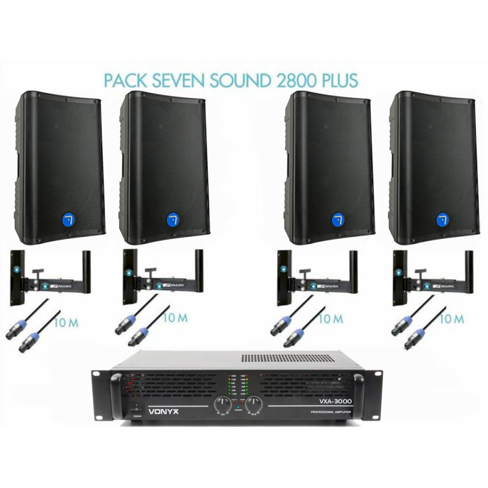 Pack Seven Sound 2800 PLUS con cuatro altavoces pasivos Seven SV15LXP, etapa Vonyx VXA-3000, soportes MARK y cables Speakon