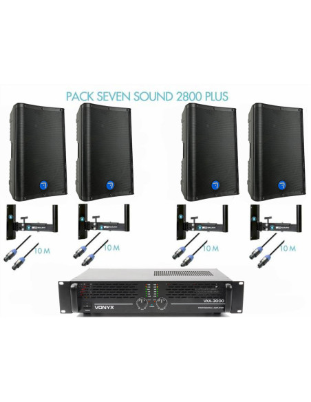 Pack Seven Sound 2800 PLUS con cuatro altavoces pasivos Seven SV15LXP, etapa Vonyx VXA-3000, soportes MARK y cables Speakon