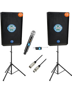 Pack Seven Vocalista 12 con dos altavoces Seven SV12APRO-TWS, soportes Vonyx, micrófono inalámbrico y cable XLR