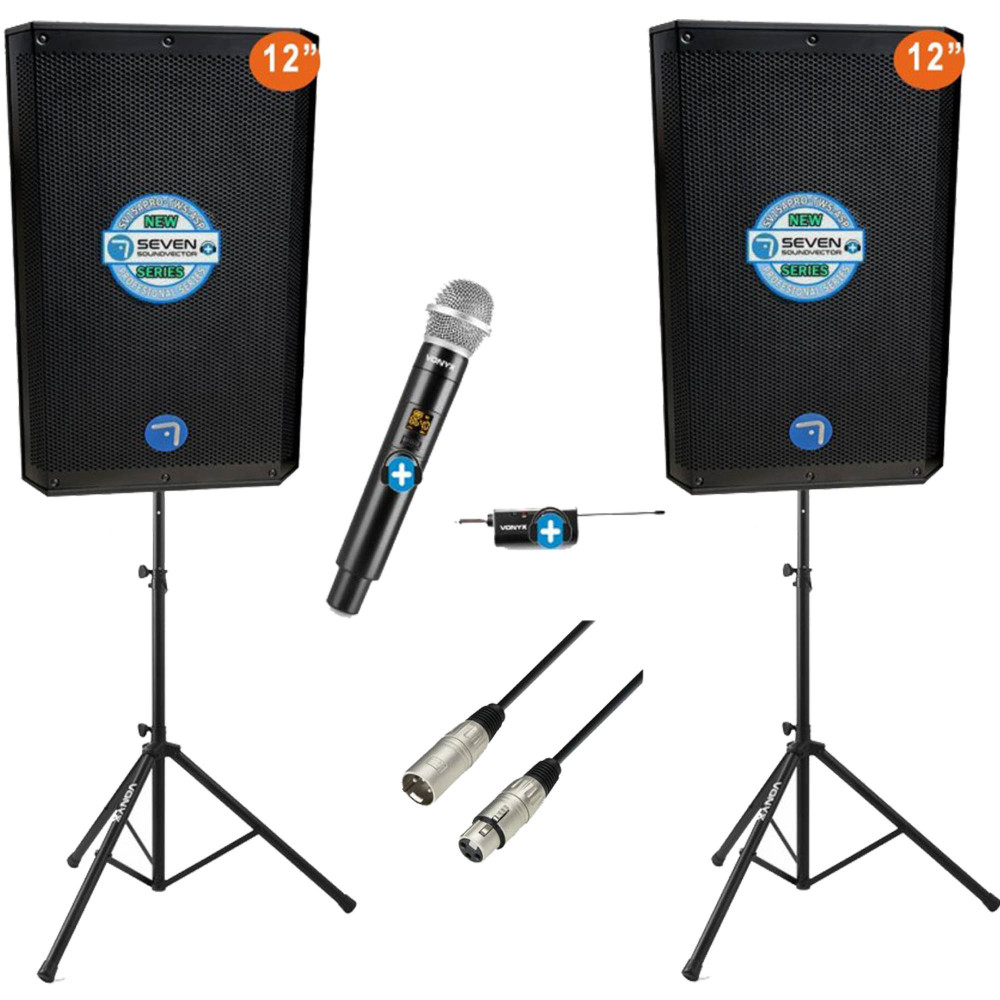 Pack Seven Vocalista 12 con dos altavoces Seven SV12APRO-TWS, soportes Vonyx, micrófono inalámbrico y cable XLR