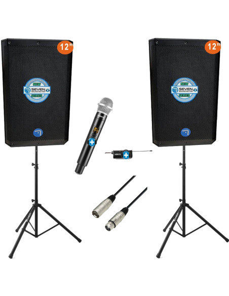 Pack Seven Vocalista 12 con dos altavoces Seven SV12APRO-TWS, soportes Vonyx, micrófono inalámbrico y cable XLR