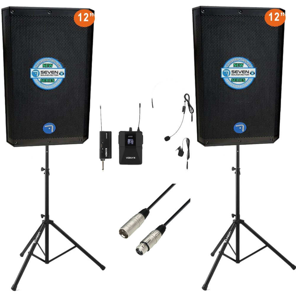 Pack Seven Presentador 12" con 2 Altavoces SV12APRO-TWS, Soportes y Micrófono Diadema