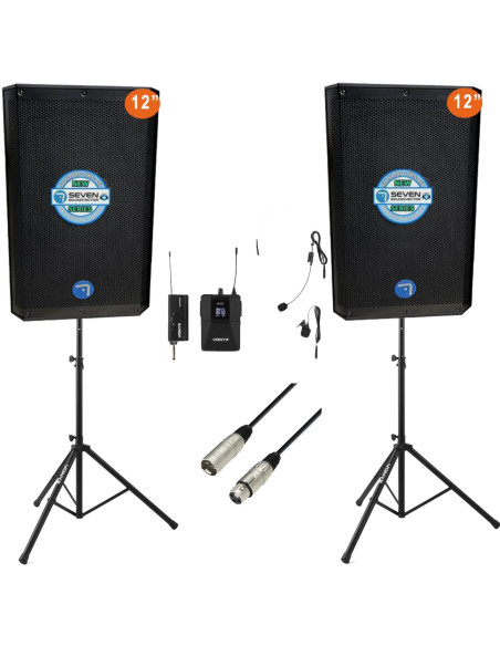 Pack Seven Presentador 12" con 2 Altavoces SV12APRO-TWS, Soportes y Micrófono Diadema