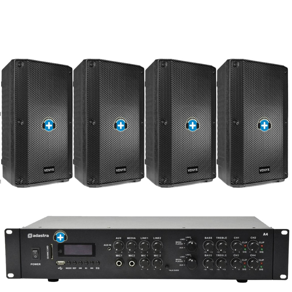 Pack de Sonido 305 con amplificador multicanal Adastra A4 y cuatro altavoces pasivos Vonyx VSA10P