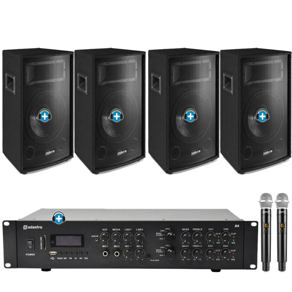 Pack Disco Vox Karaoke Grande con Adastra A4, 4 Altavoces Vonyx SL10 y 2 Micrófonos Inalámbricos