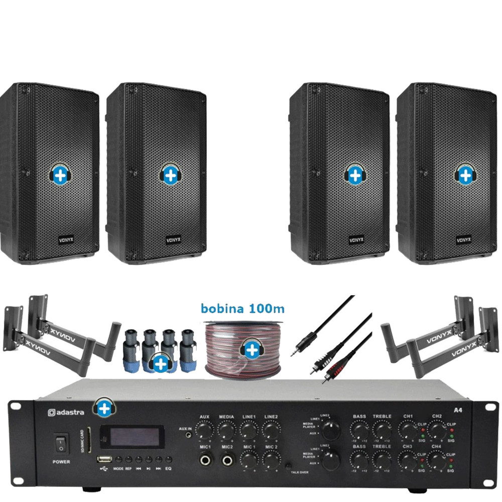 Pack de Sonido 306 Premium con amplificador Adastra A4, cuatro altavoces Vonyx VSA10P, soportes y cableado