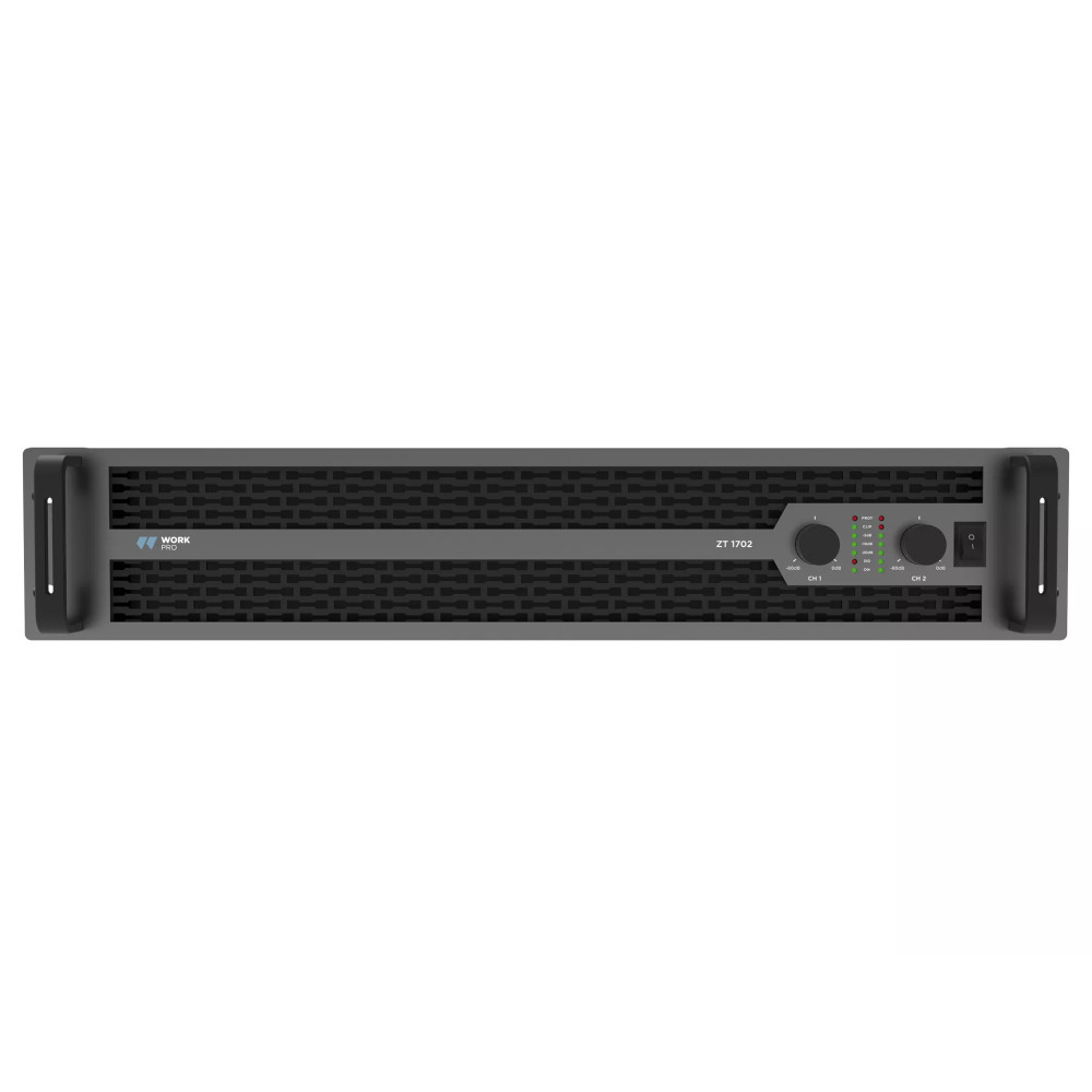 Vista frontal del amplificador WORK PRO ZT 1702 con controles de volumen