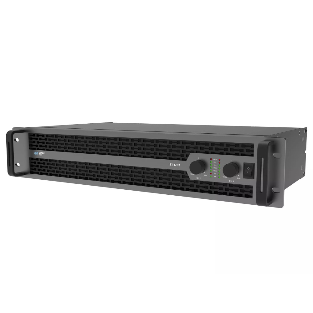 Vista frontal lateral, del amplificador WORK PRO ZT 1702 con controles de volumen