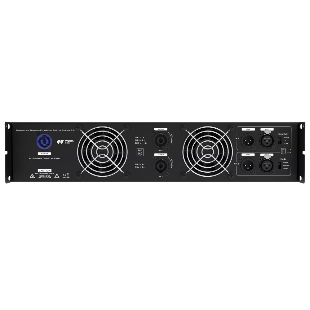Panel trasero de la etapa WORK PRO ZT 1702 con XLR3 NL4 y powerCON