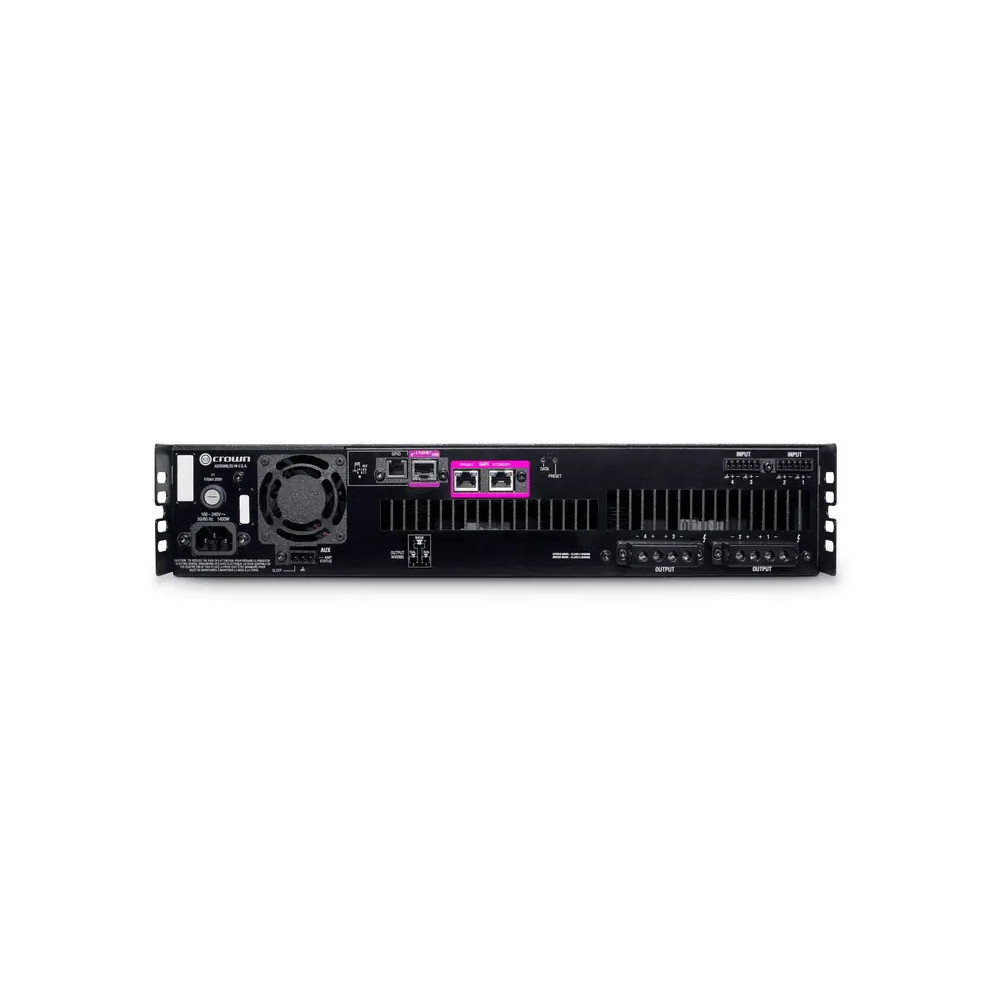 Conexiones traseras del amplificador Crown DCi 4|300DA con Dante y cuatro salidas