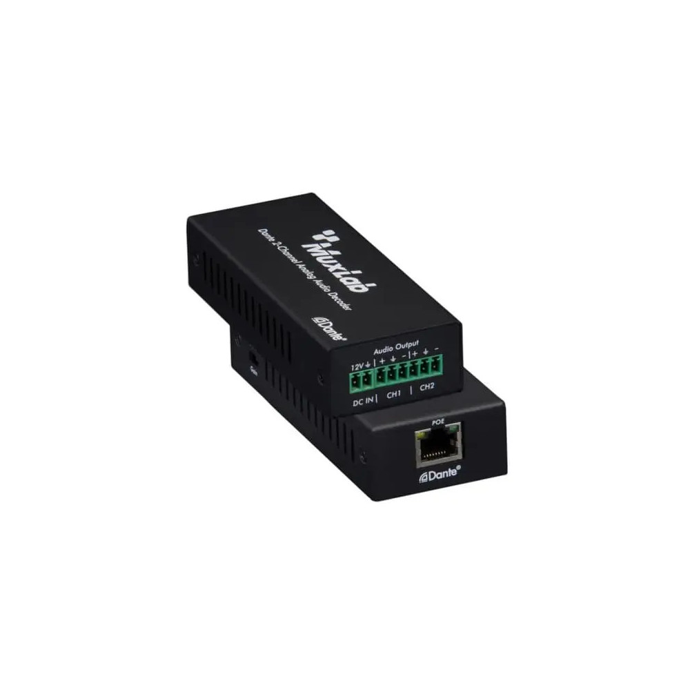 Decodificador MuxLab 500552 de Dante a 2 canales analógicos, con salidas balanceadas, audio 24 bits/96 kHz, AES67 y alimentación