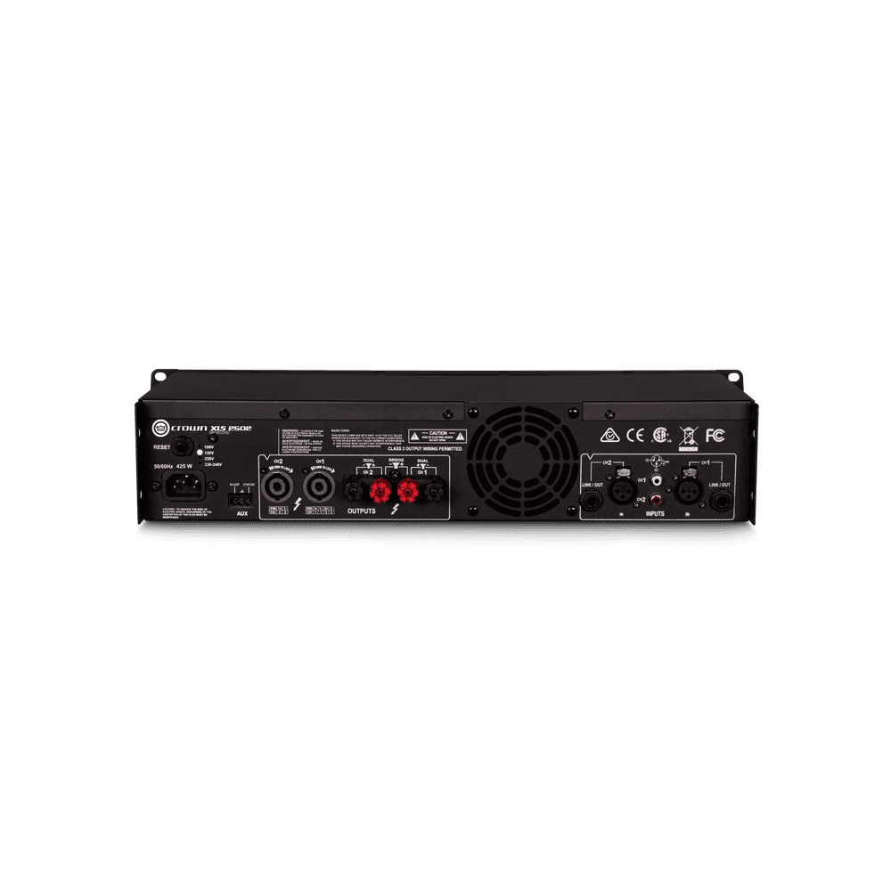 Panel trasero de la Crown XLS 2502 con entradas XLR jack RCA y salidas de altavoz
