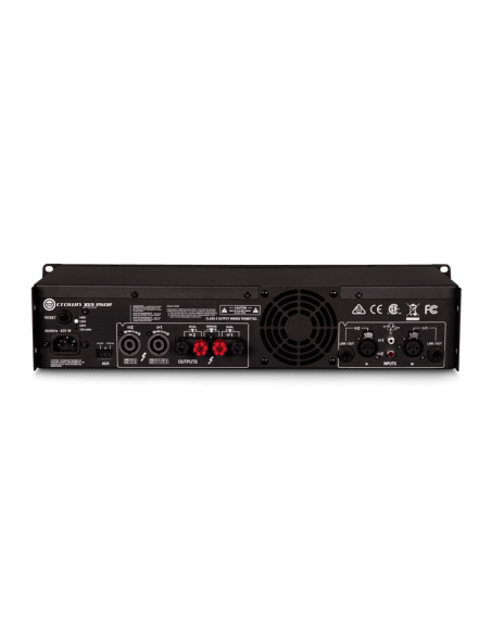 Panel trasero de la Crown XLS 2502 con entradas XLR jack RCA y salidas de altavoz