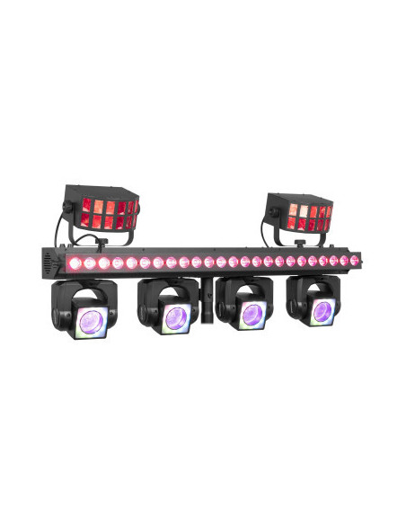 BeamZ ShowBar GO Ultra con cuatro moving heads, barra LED y dos Derby