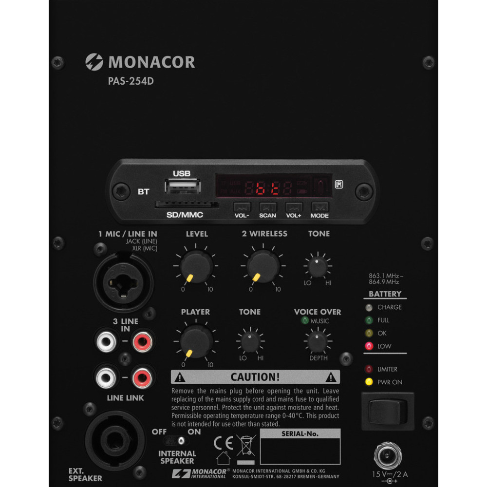 Monacor PAS-254D Altavoz Mochila 70 W con Batería