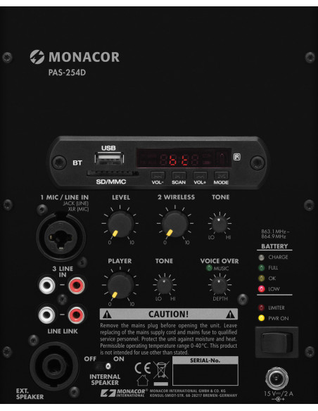Monacor PAS-254D Altavoz Mochila 70 W con Batería