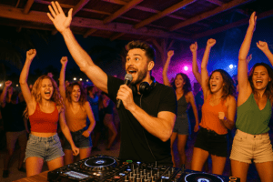 Dj, animando la fiesta, con microfono inalambrico en la mano