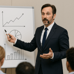 Presentador de conferencia, hablando con su microfono inalambrico